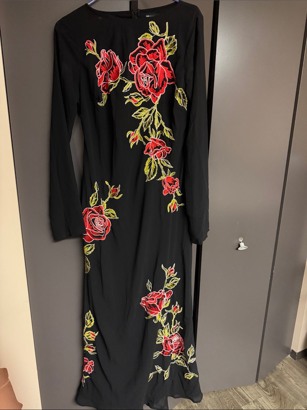 ASOS DESIGN long sleeve maxi dress with red floral embroidery